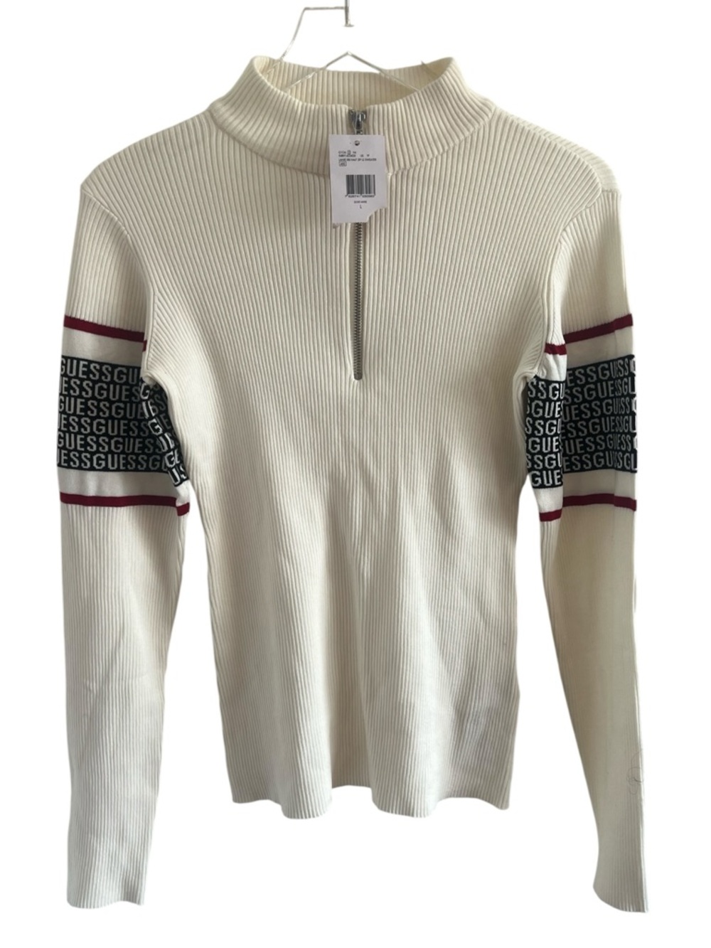 Guess Cream Ribbed Half-Zip with Logo Sleeve Stripes Sweater Top